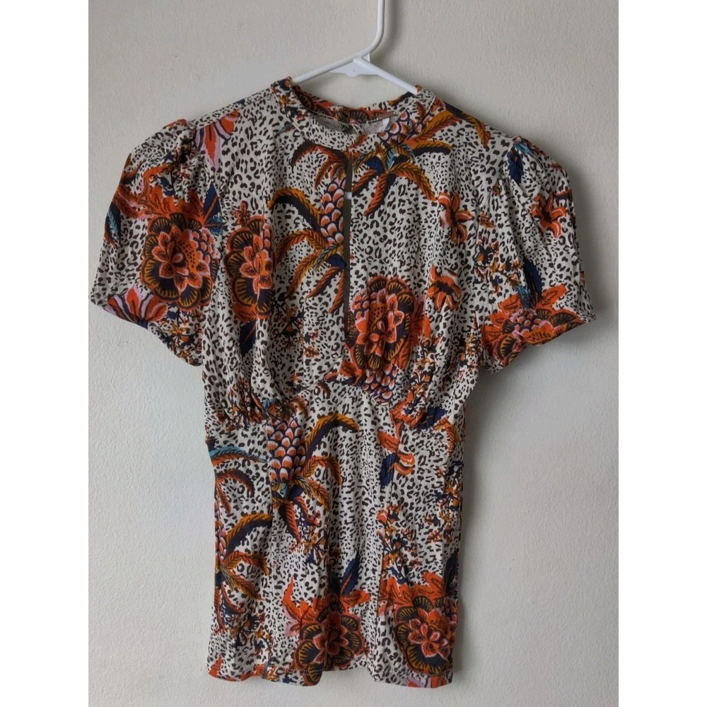 Free People Hear Me Roar Animal Print Floral Boho Leopard Blouse Keyhole Size S